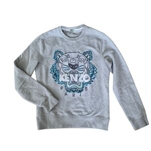 Kenzo Tiger Embroidered Gray Cotton Crewneck Sweatshirt